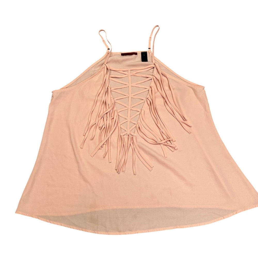 BKE Red Womens Peach Pink Fringe Lace Up Halter Tank Top Chiffon Size L Festival